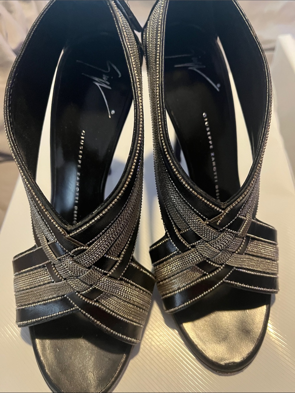 Giuseppe Zanotti Black and Silver Crisscross Peep-Toe Heels